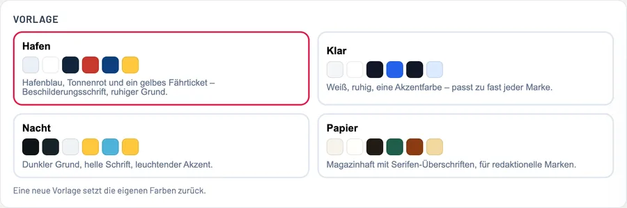 Auswahl der Gestaltungsvorlagen Hafen, Klar, Nacht und Papier
